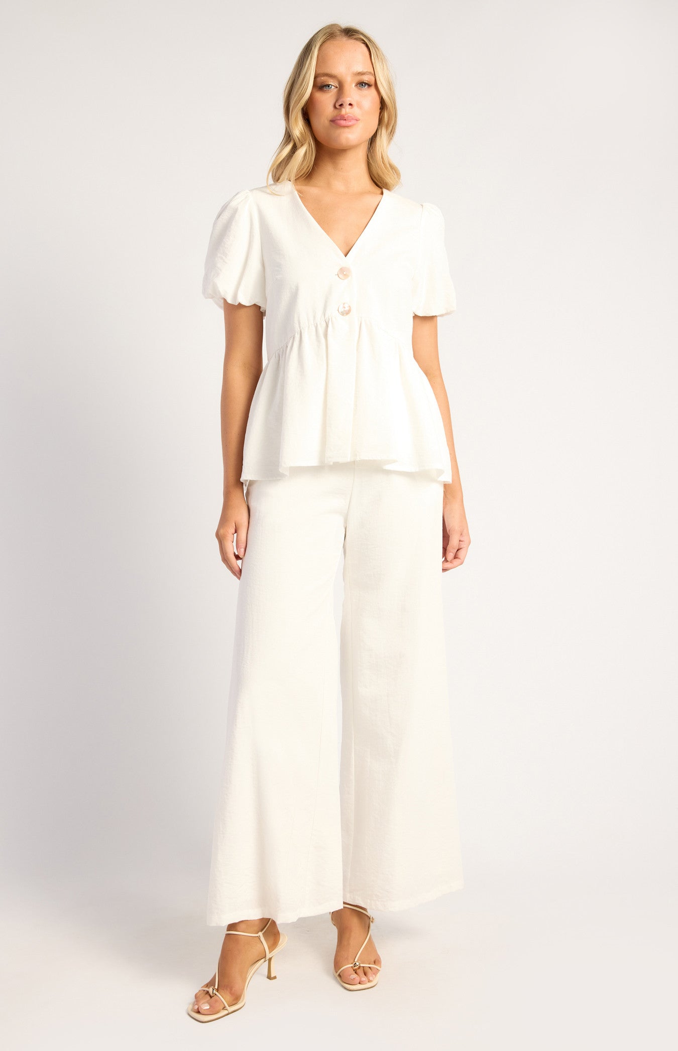 Bubble Sleeve Top And Pants Set With Oversized Button