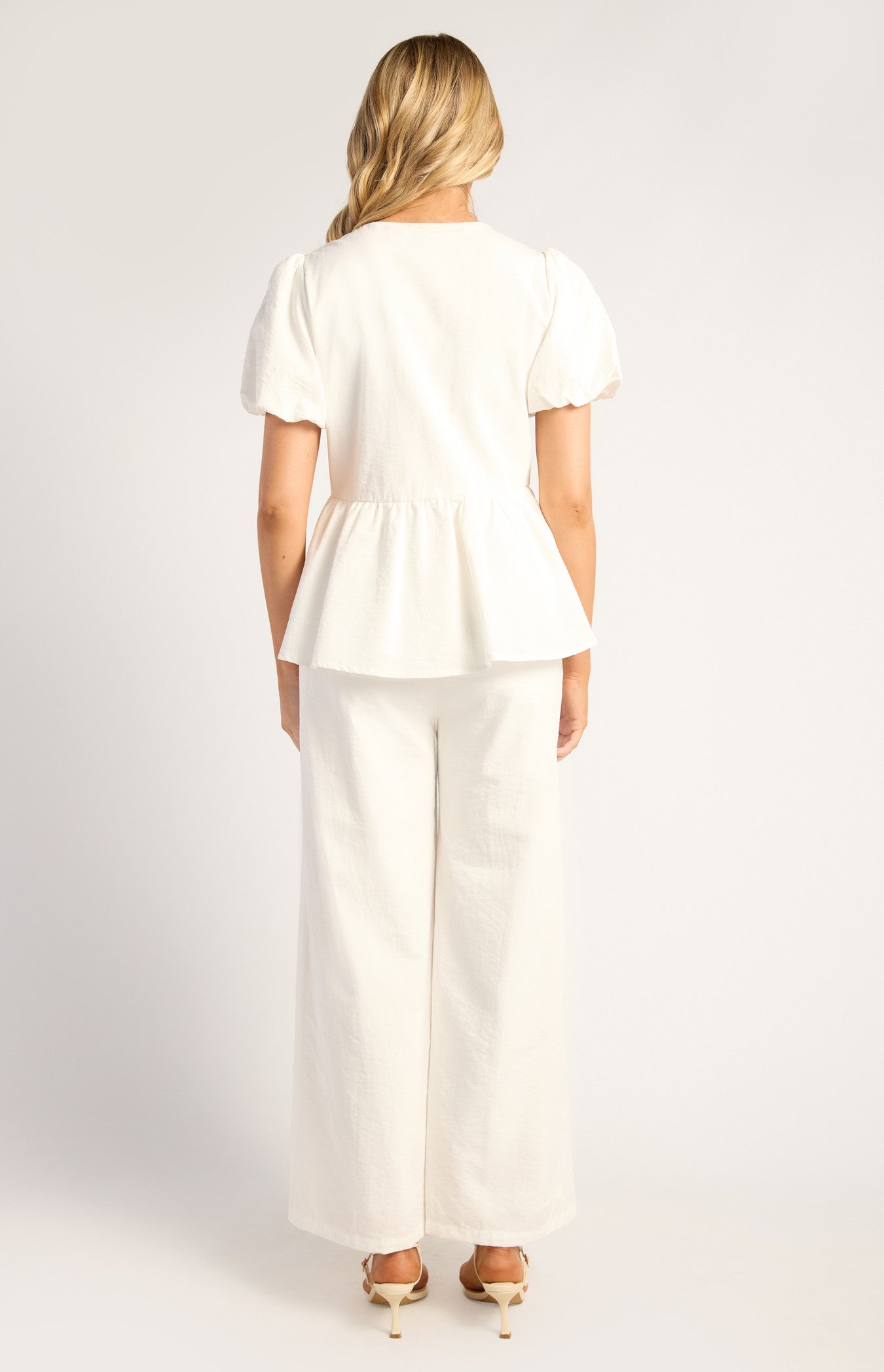 Bubble Sleeve Top And Pants Set With Oversized Button