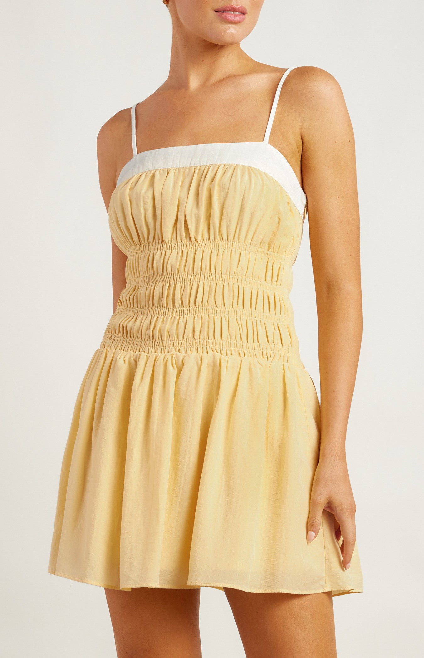 Linen Blend Contrast Neckline Shirred Detail Mini Dress