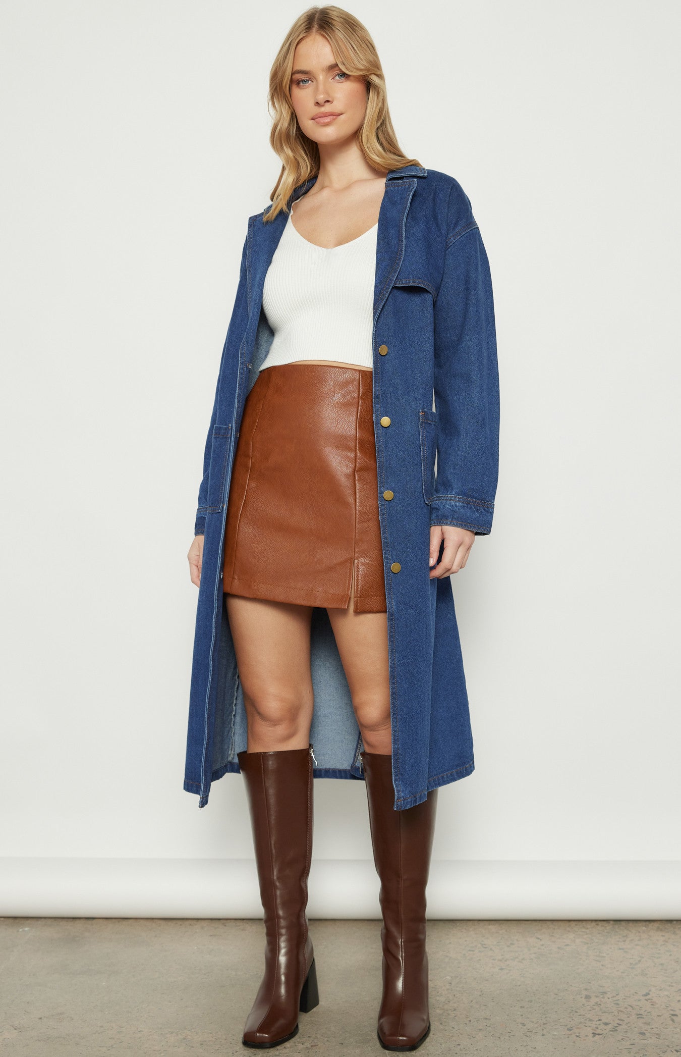 Long Line Denim Coat with Patch Pocket