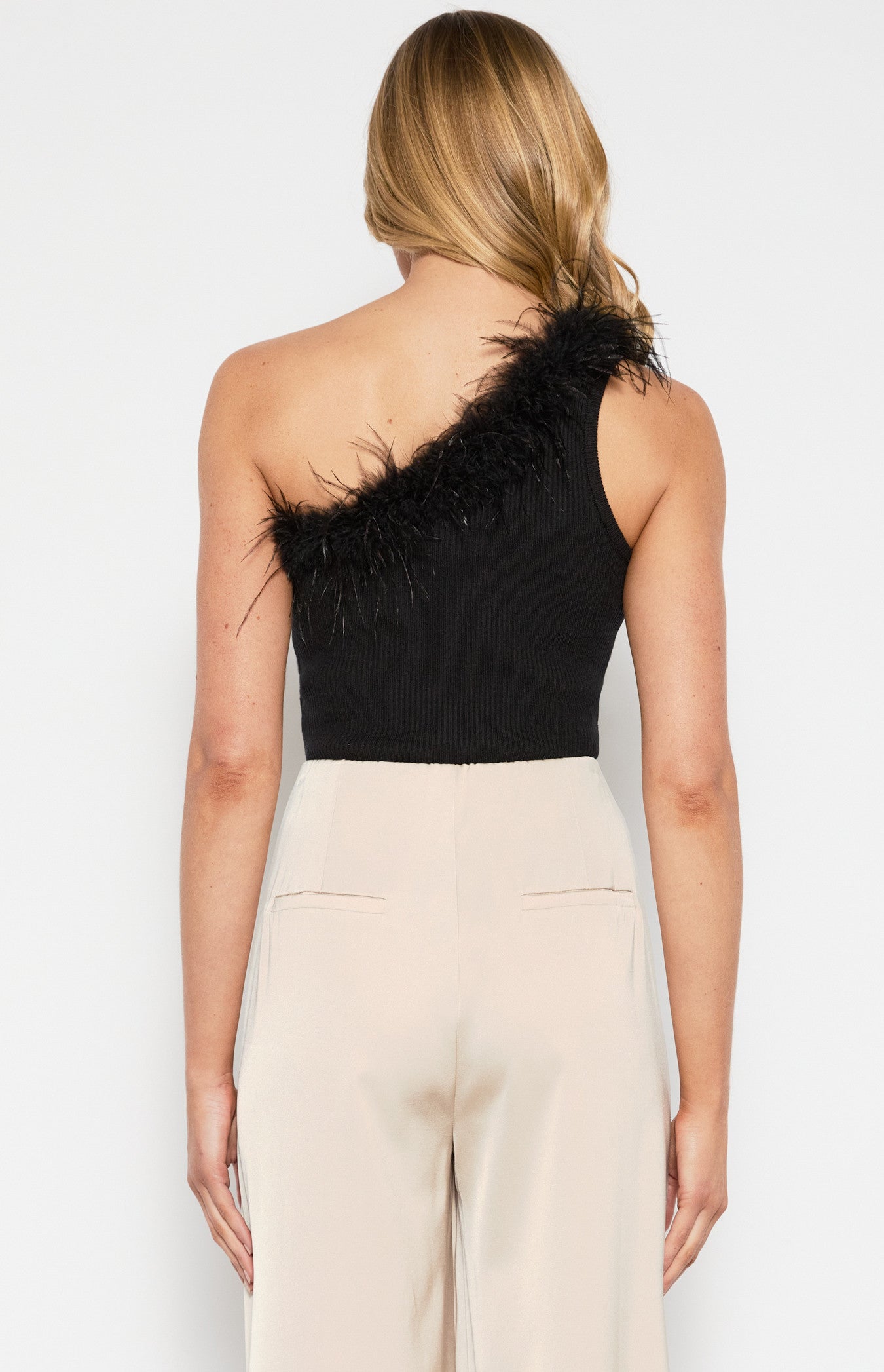 One Shoulder Feather Trim Neckline Knit Top