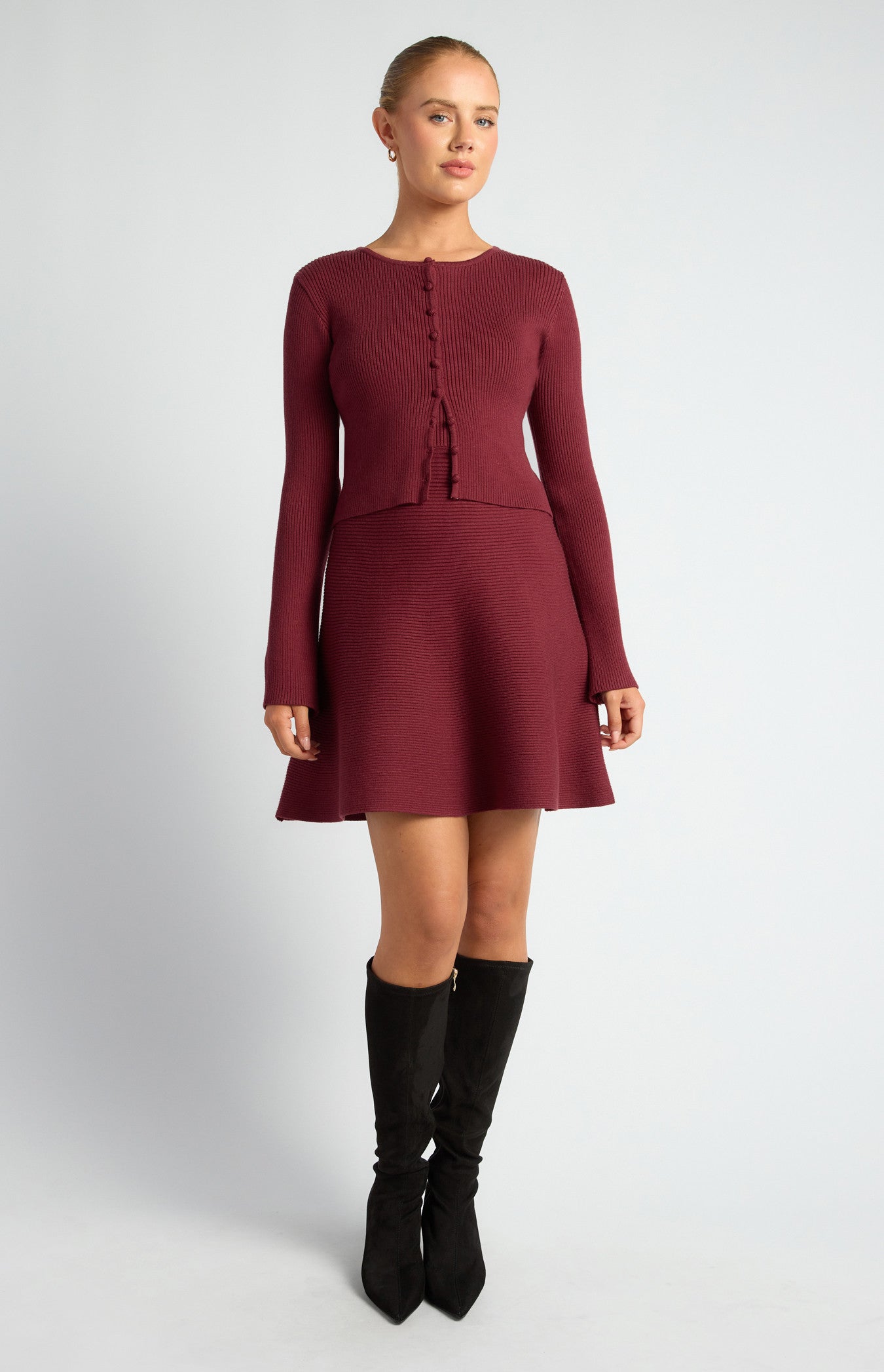 Knit Mini Dress and Cardigan Set with Self-Fabric Buttons | Citrine & Cipher CITRINE & CIPHER Knit Mini Dress and Cardigan Set with Self-Fabric Buttons | Citrine & Cipher CITRINE & CIPHER