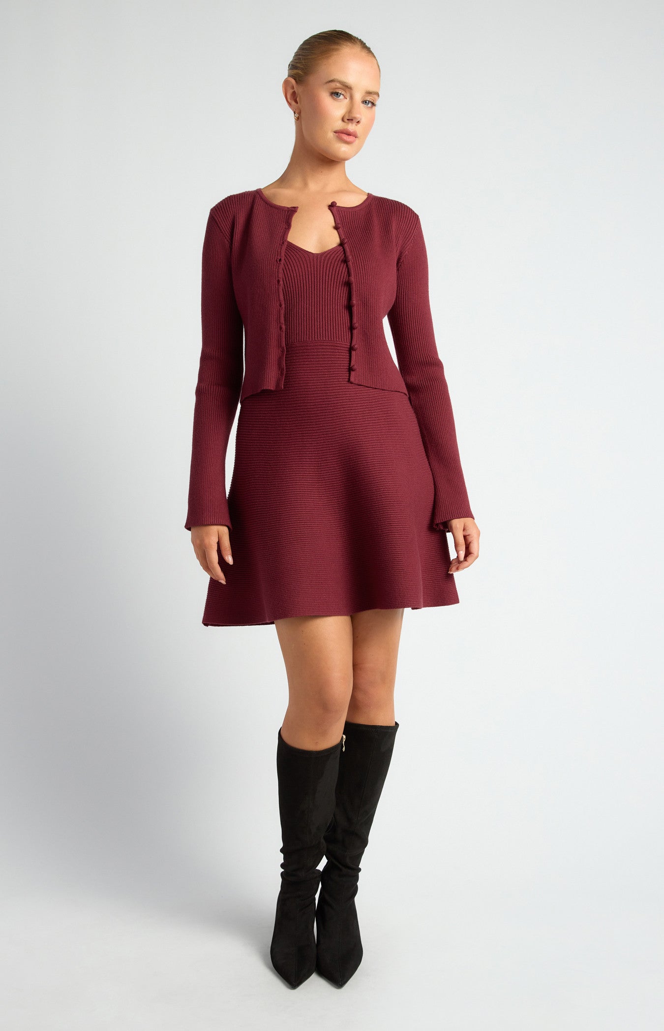 Knit Mini Dress and Cardigan Set with Self-Fabric Buttons | Citrine & Cipher CITRINE & CIPHER Knit Mini Dress and Cardigan Set with Self-Fabric Buttons | Citrine & Cipher CITRINE & CIPHER
