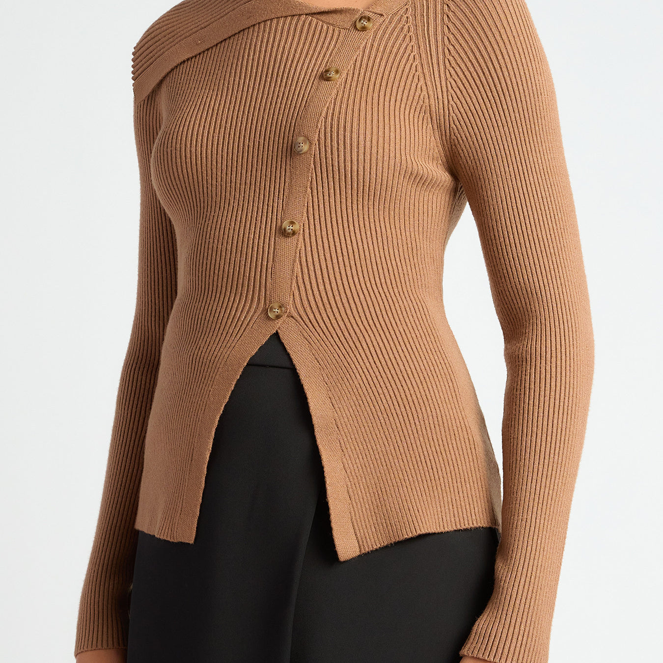 Draped Neckline Asymmetrical Button Knit Top