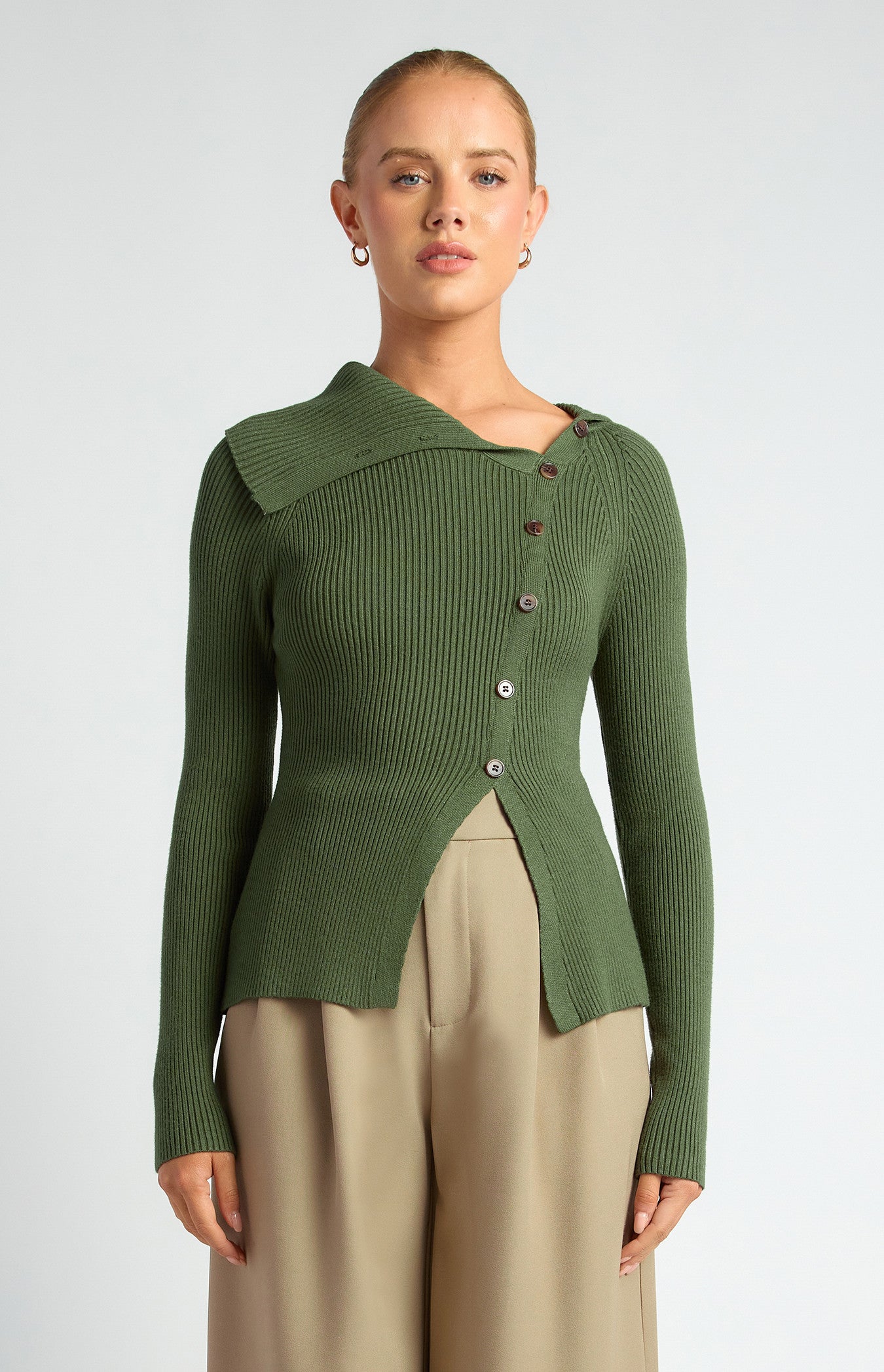 Draped Neckline Asymmetrical Button Knit Top