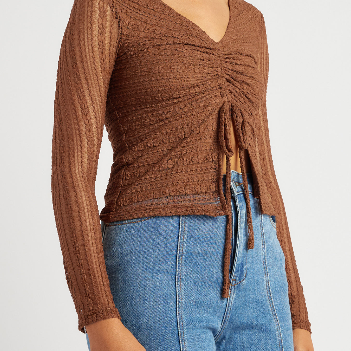 Front Drawstring Detail Stretch Lace Top